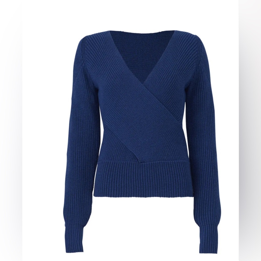 Tome V-neck crossover open back blue merino wool knit sweater size XL